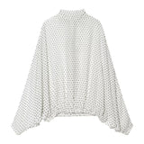 ETJ Women's Polka Dot Blouse Skirt Set 2026 Spring High Neck Batwing Sleeve Sheer Front Tie Bow Midi A-Line Dress Set