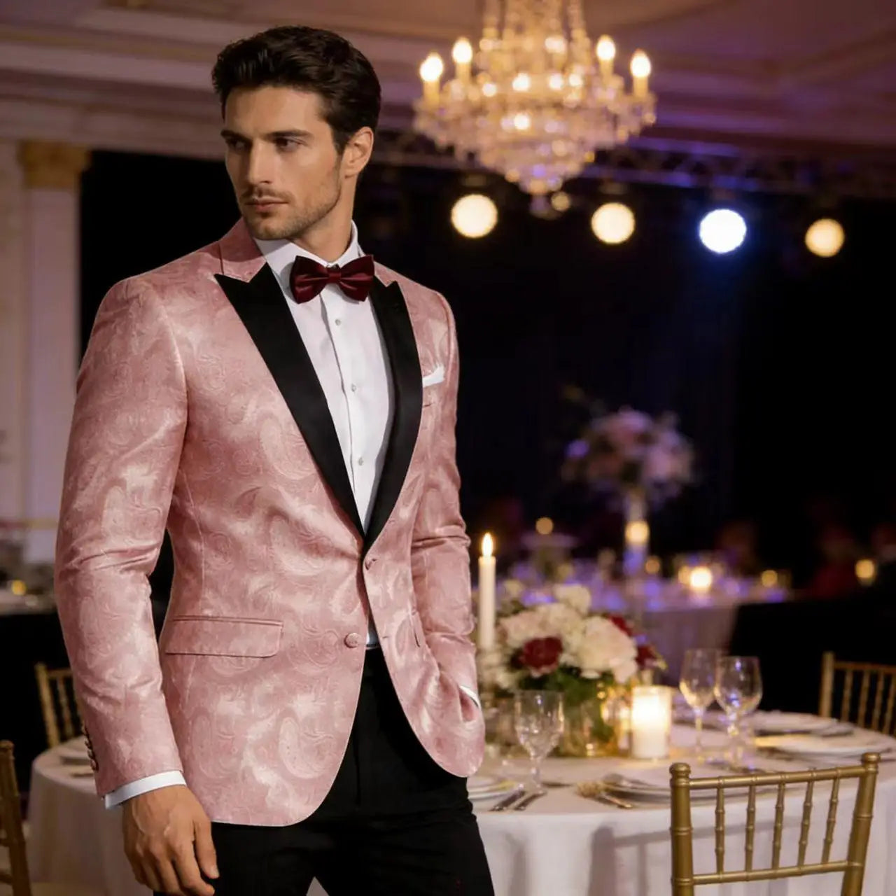 Men's Pink Paisley Tuxedo Blazer — Black Satin Lapel Formal Jacket