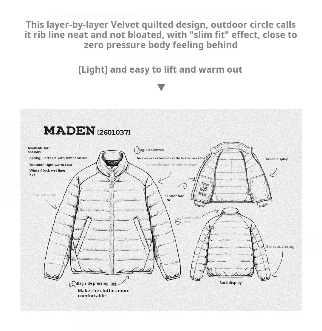 Maden Men's Lightweight Down Jacket | Stand Collar Puffer