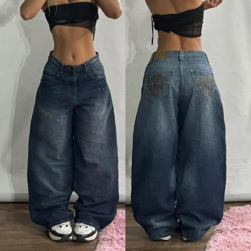 Geometric Embroidered Wide-Leg Baggy Jeans | Y2K Streetwear
