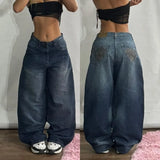 Geometric Embroidered Wide-Leg Baggy Jeans | Y2K Streetwear