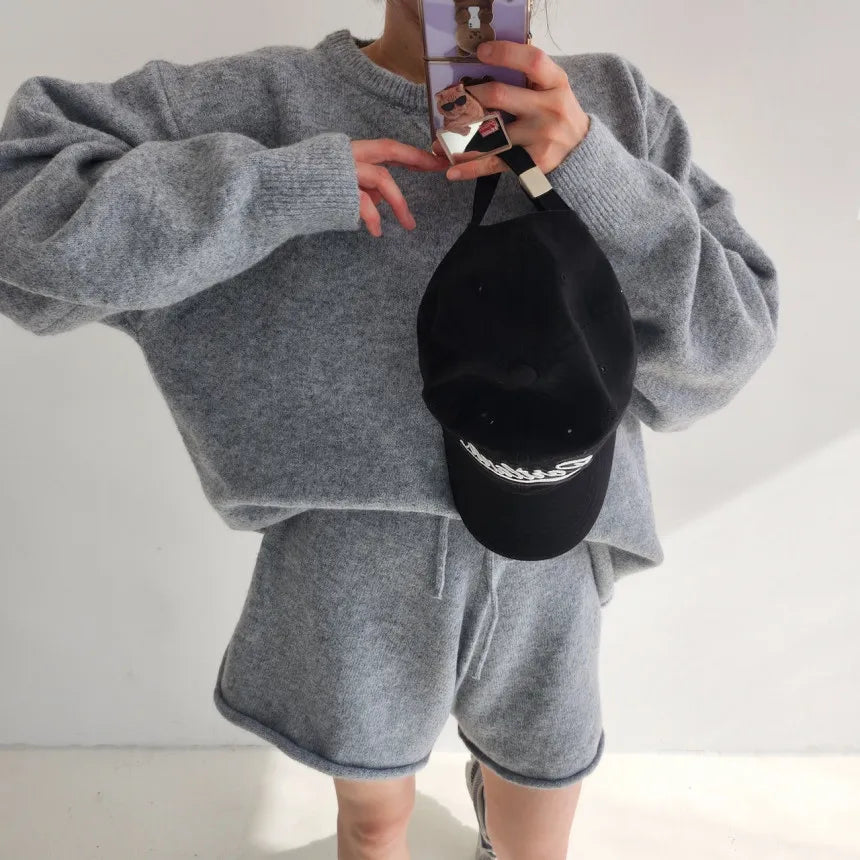Korean Style Sweater Two 2 Piece Set Women Vintage Autumn Winter Pullover Knitted Tops + Casual Shorts 2 Piece Outfits Female