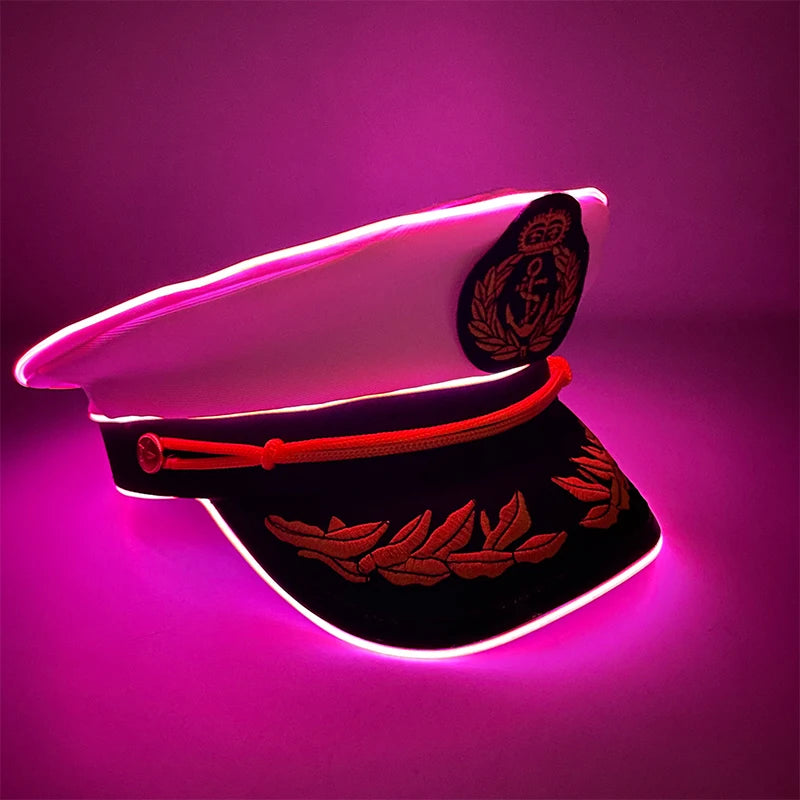 New Luminous White Sailor Captain Yacht Caps Wheat Embroidery LED Glow Navy Marine Hat Men Women Cosplay Halloween Costume Hats