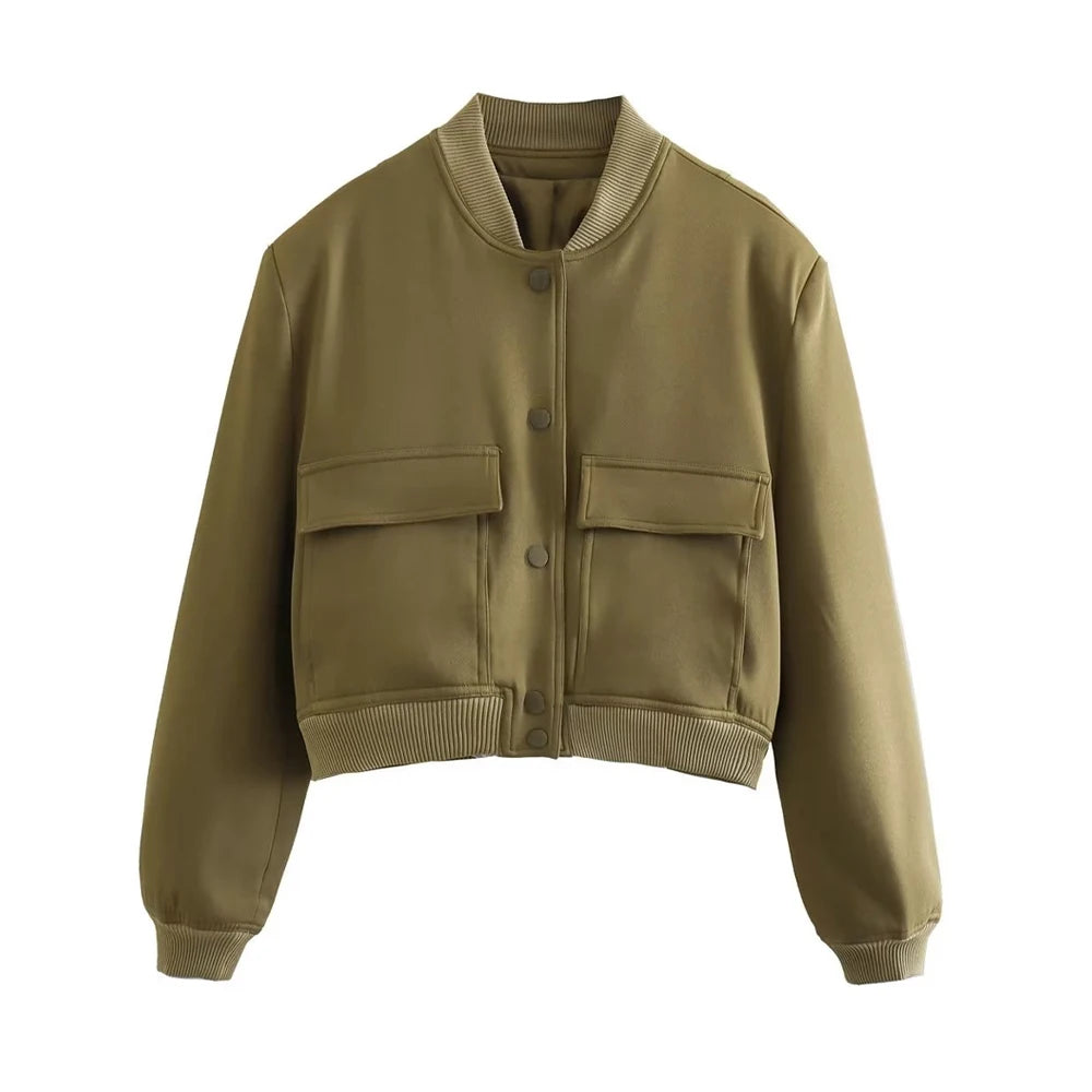 Women’s Vintage Utility Bomber Jacket – Chic Button-Down Outerwear