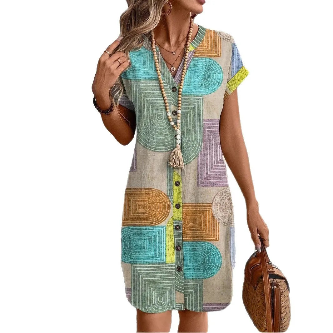 Geometric Print V-Neck Sun Dress
