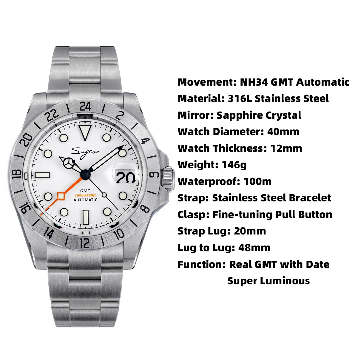 Sugess Men Watch GMT Automatic NH34 Movement 100M Waterproof Mechanical Wristwatches Dome Sapphire Crystal Limited Bracelet S463