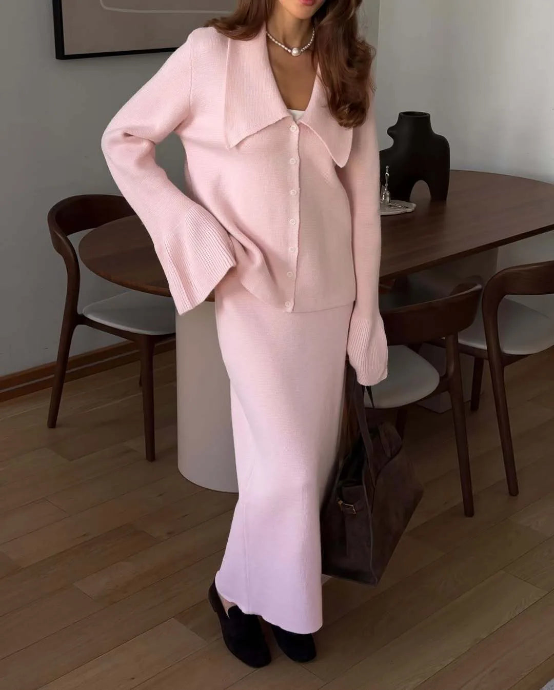 Hirsionsan Sexy Soft Elegant Vintage Women Suits 2 Pieces Female Sets Polo Neck Cardigan Sweater & Midi Dress Knitted TrackSuit