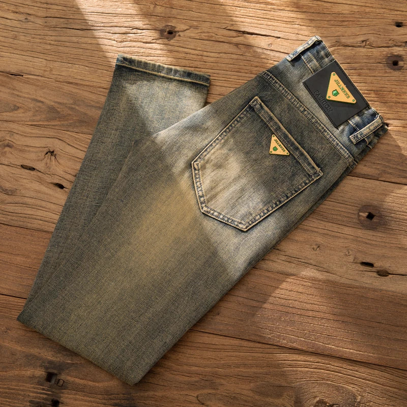 2026 European Trendy Brand Yellow Mud Jeans Men's Retro Old Slim Fit Fashion Long Pants Autumn and Winter Thick Pants