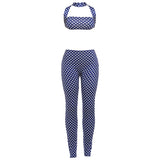 Weird Puss Hottie Polka Dot 2-Piece Set Women Halter Chest Wrapped Backless Top+Ruched Peach Hip Pants Stretch Skinny Clubwear