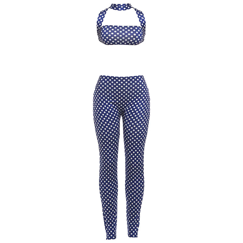 Weird Puss Hottie Polka Dot 2-Piece Set Women Halter Chest Wrapped Backless Top+Ruched Peach Hip Pants Stretch Skinny Clubwear