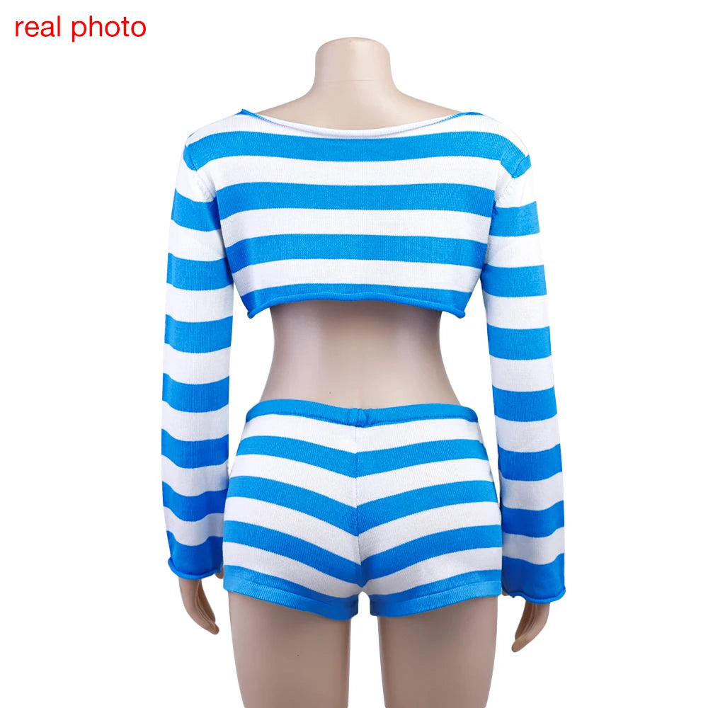 Cryptographic Casual Fashion Striped Knitted Two Piece Sets Long Sleeve Sweaters Off Shoulder Top and Shorts Matching Sets Solid
