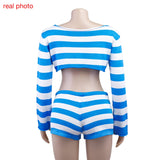 Cryptographic Casual Fashion Striped Knitted Two Piece Sets Long Sleeve Sweaters Off Shoulder Top and Shorts Matching Sets Solid
