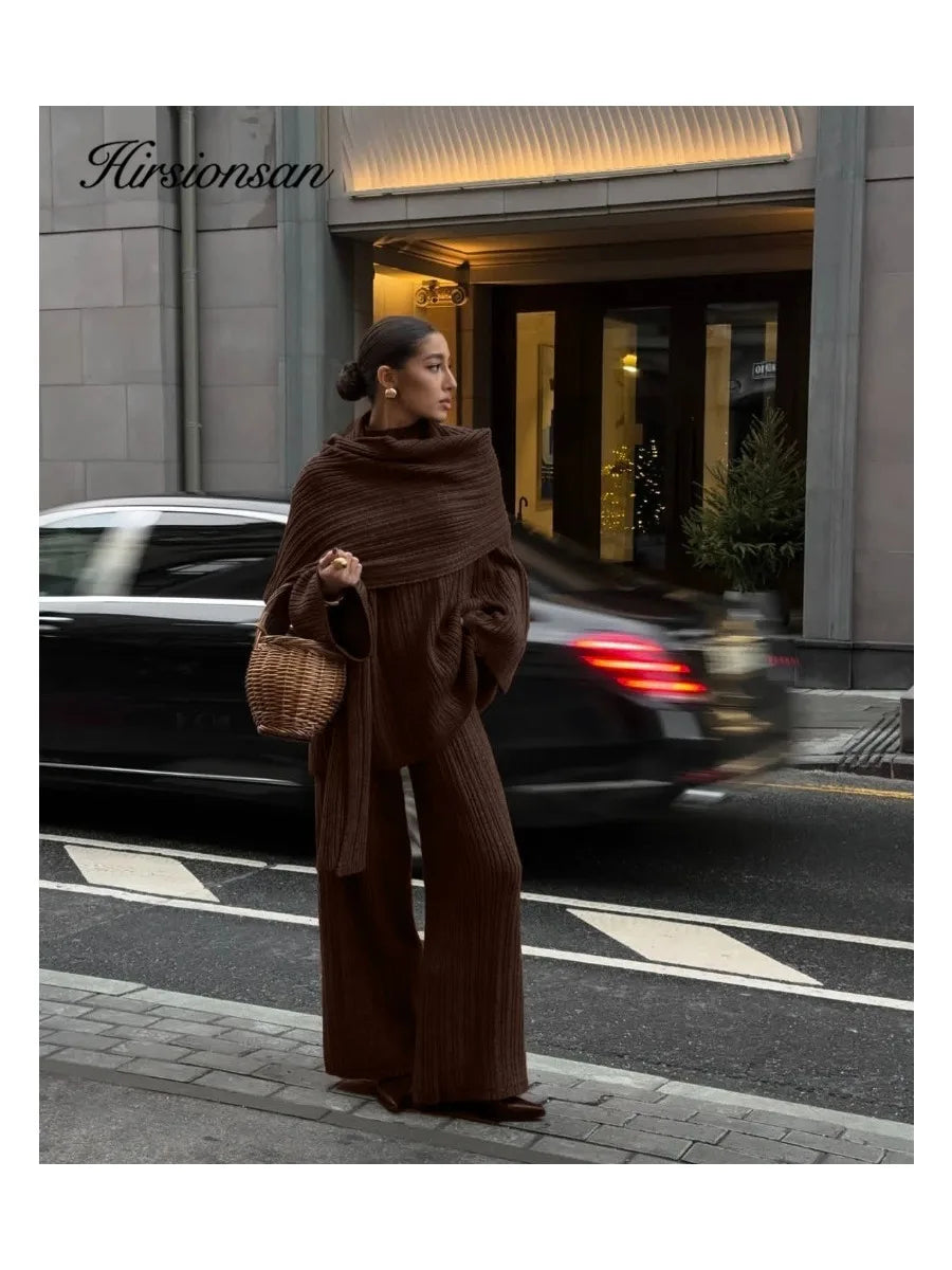 Hirsionsan Soft Elegant Vintage Women Suits 3 Pieces Female Sets O Neck Sweater & Wild Leg Pants with Scarf Knitted TrackSuit
