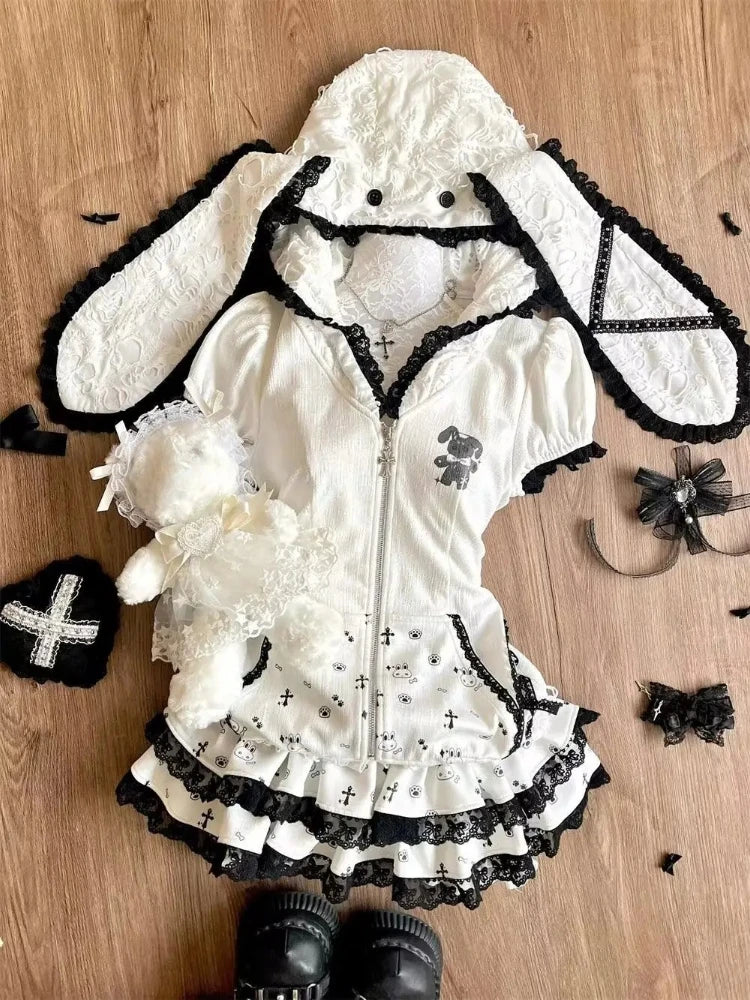 Spring Y2K Princess Outfits Women 2 Piece Sets Sweet Kawaii Bow Tops + Lace Pleated Skirt Female Retro Chic Preppy Style Clothes