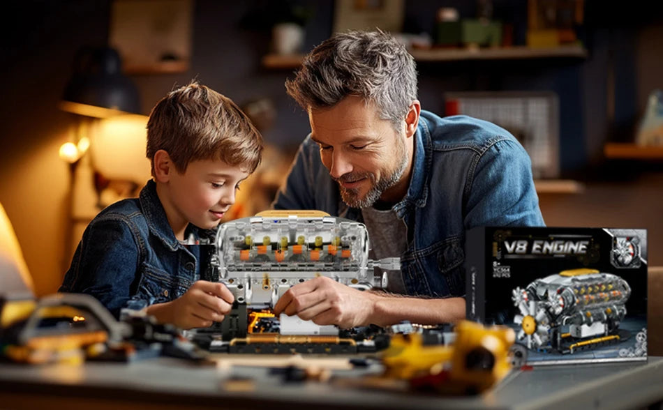 Technical Mechnical Electrice V8 Engine Building Blocks Simulation Car Engine MOC Bricks Science Education Toys Kids Adult Gift