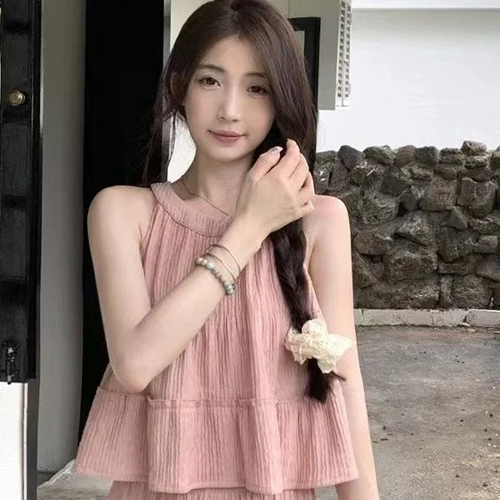 Faionable round Ne Svel Top High Waist Straight Leg Pants Women's Summer New Sle Korean Version Two-Piece Set