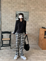 Plaid Plush Wide-Leg Trousers