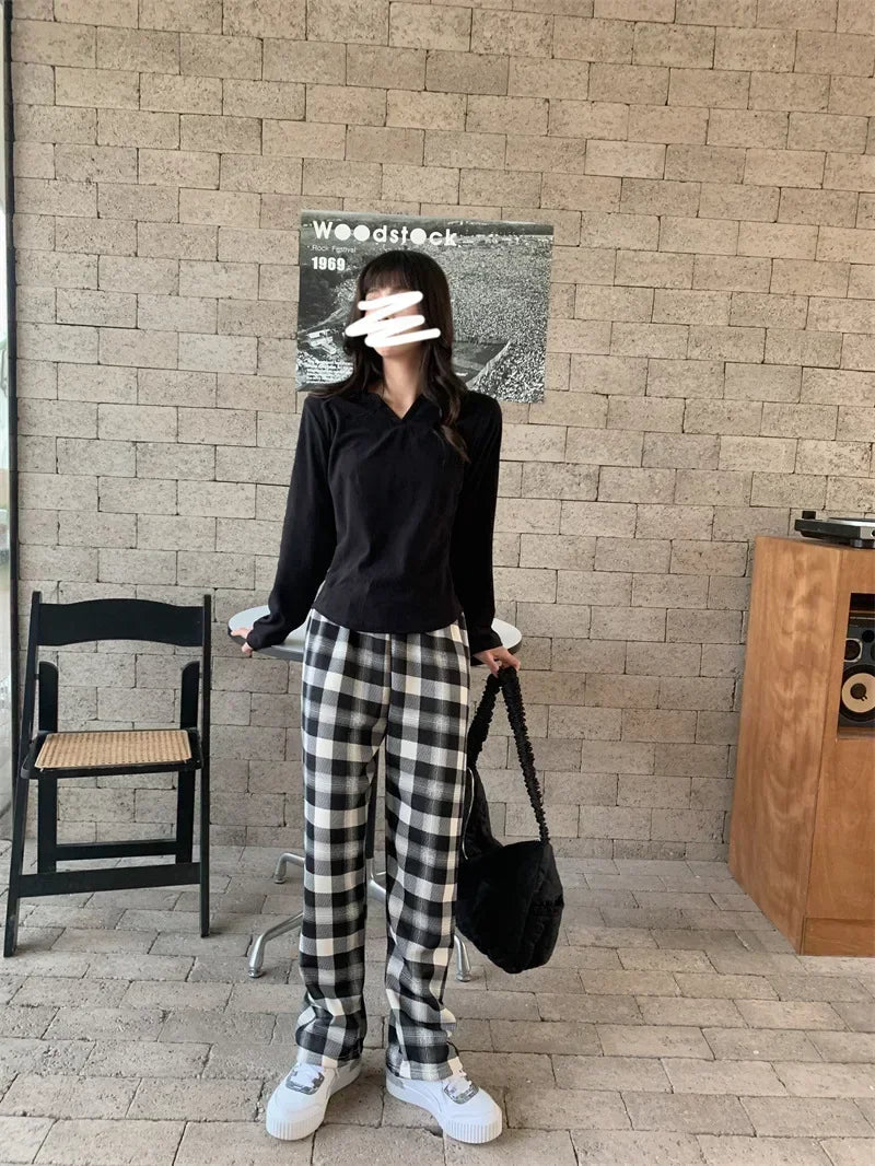 Plaid Plush Wide-Leg Trousers