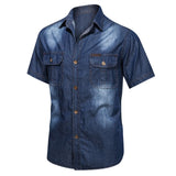 Vintage Street Denim Shirts For Men Male Summer Solid Shirt Short Sleeve Pocket Turn Down Button Shirt Hemden FüR MäNner