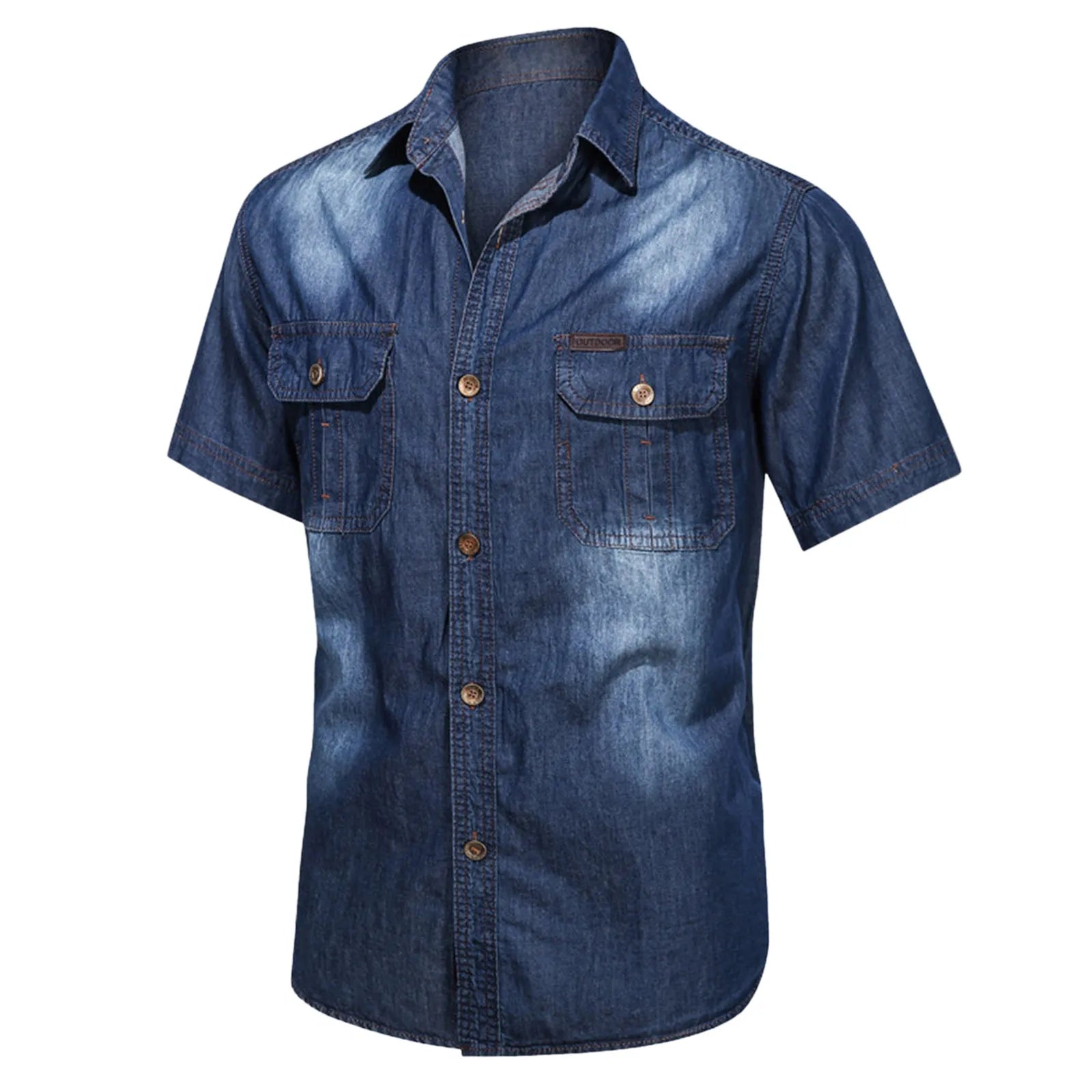 Vintage Street Denim Shirts For Men Male Summer Solid Shirt Short Sleeve Pocket Turn Down Button Shirt Hemden FüR MäNner