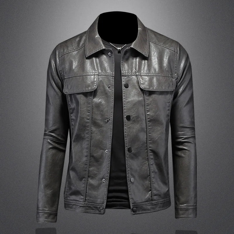 2024 Autumn and Winter New Men's Fashion Handsome with Solid Color Boutique Lapel Motorcycle Leather Coat Slim Fashion  M-5XL