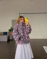 Zekye Women's Sweatshirt Flower Fleece Half Zipper Lapel Sweater Thickened with Lining Winter Clothes Woman Y2k Clothes