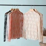 Women’s Floral Lace Mesh Mock Neck Long Sleeve Top