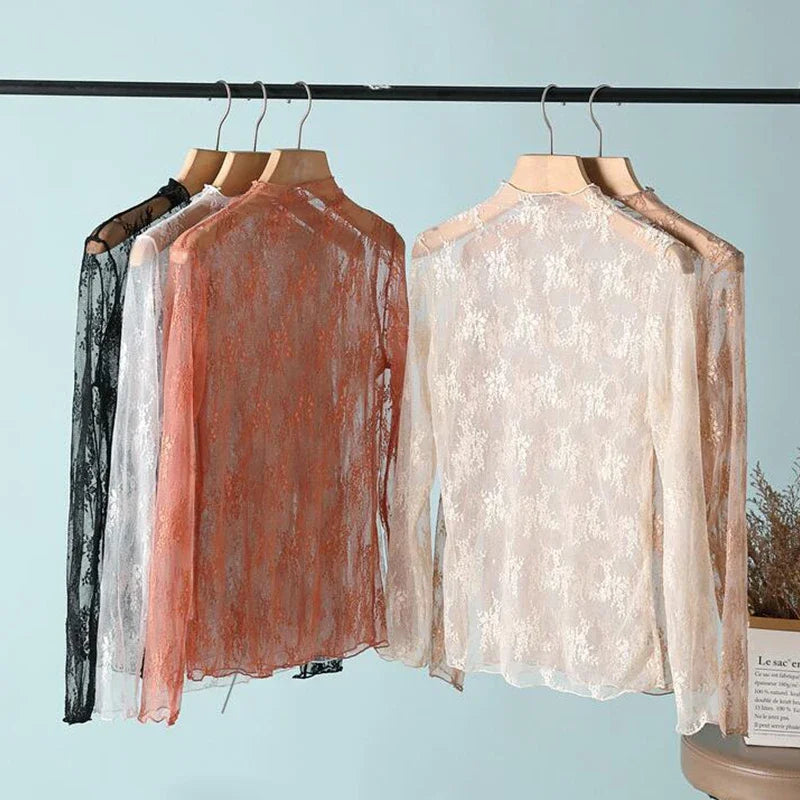 Women’s Floral Lace Mesh Mock Neck Long Sleeve Top