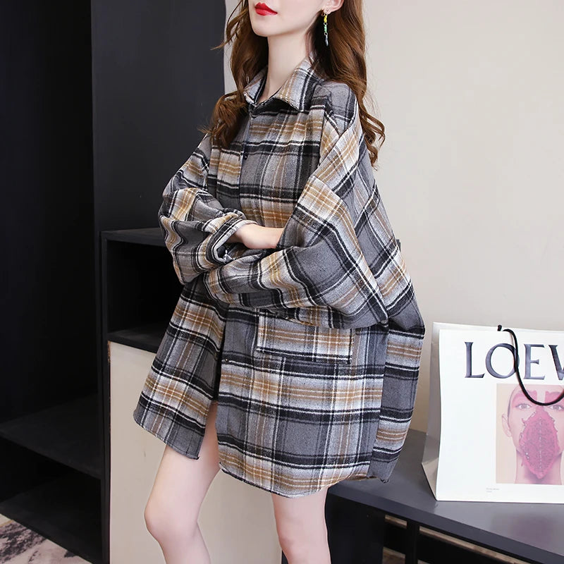 Vintage Plaid Long-Sleeve Blouse