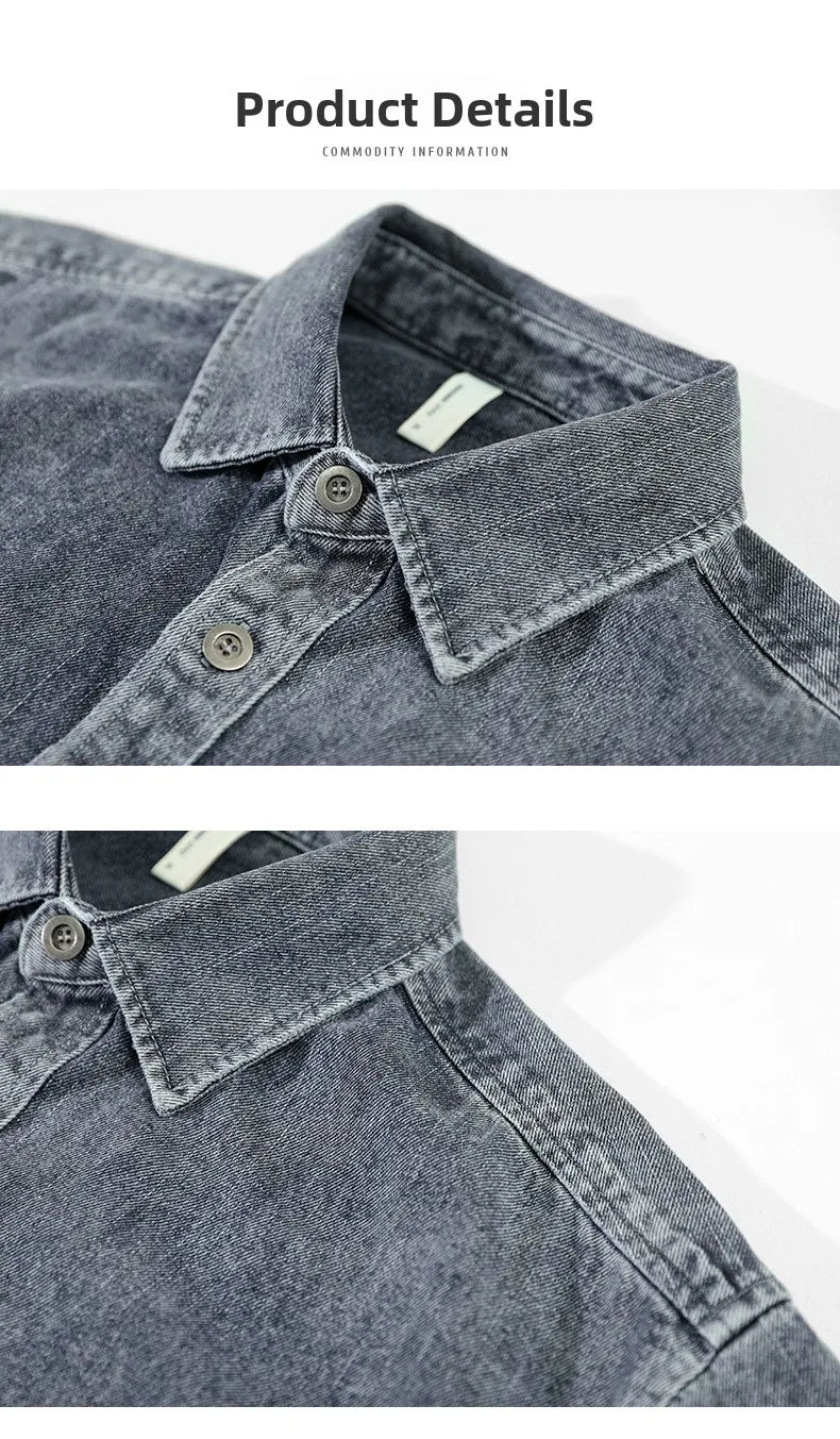 Retro American Washed Denim Jacket Loose Casual Long Sleeve Shirt for Men Autumn Fashion Urban Style Cotton Machine Washable