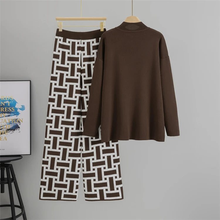 Women’s Autumn Color-Block Knit Set | Loose Split Top & Wide Leg Pants