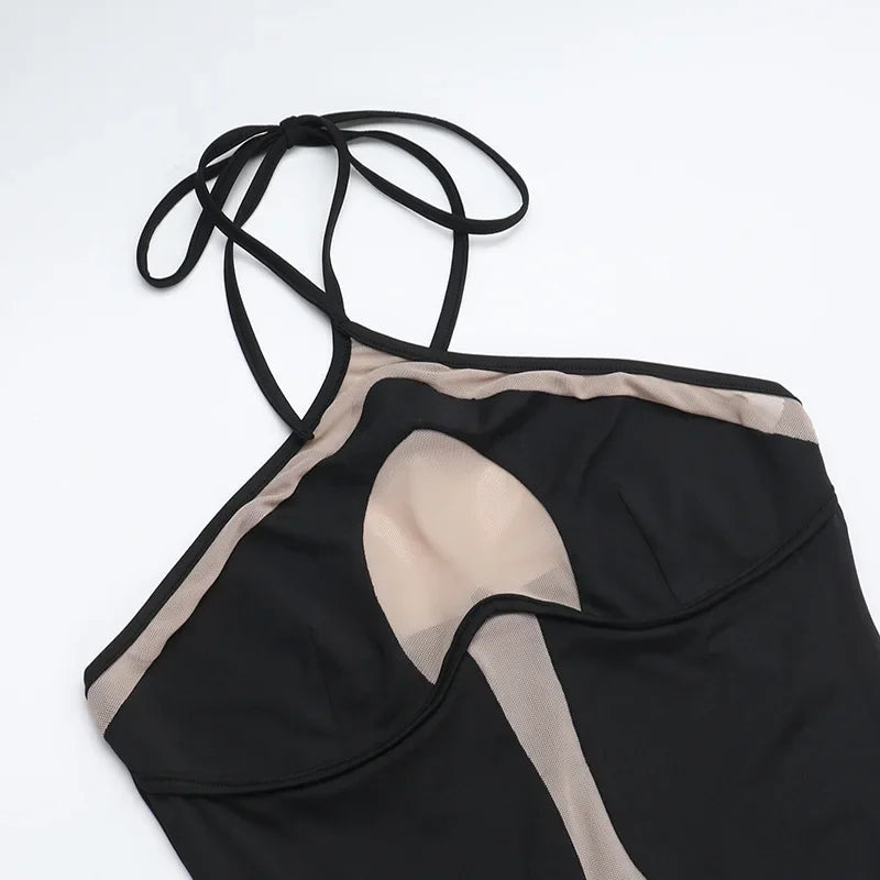 Elegant Mesh Patchwork Halter Gown