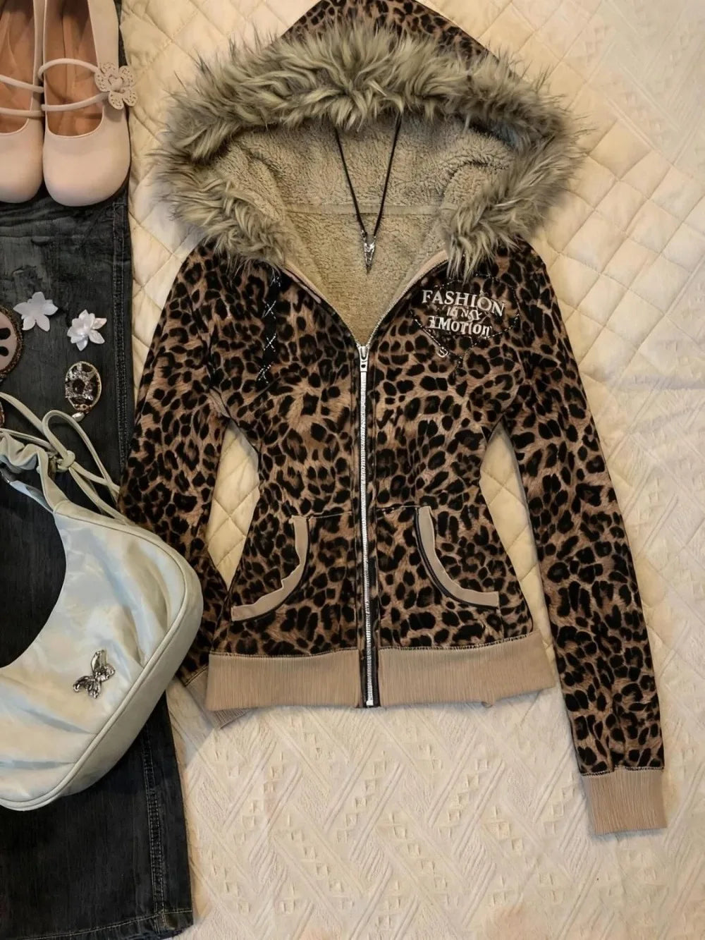 Women's Vintage Leopard Print Zip-Up Hoodie