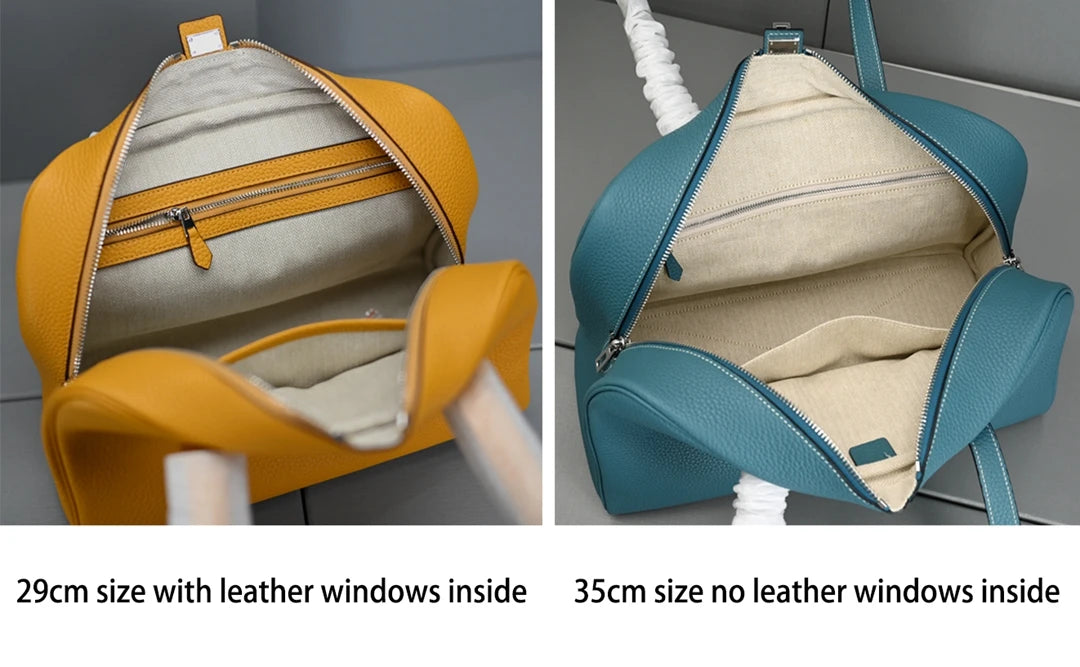 Genuine Leather Bowling Bag for Women, Top Layer Cowhide Handbag, Large Capacity Top Handle Bag, Small & Large Size