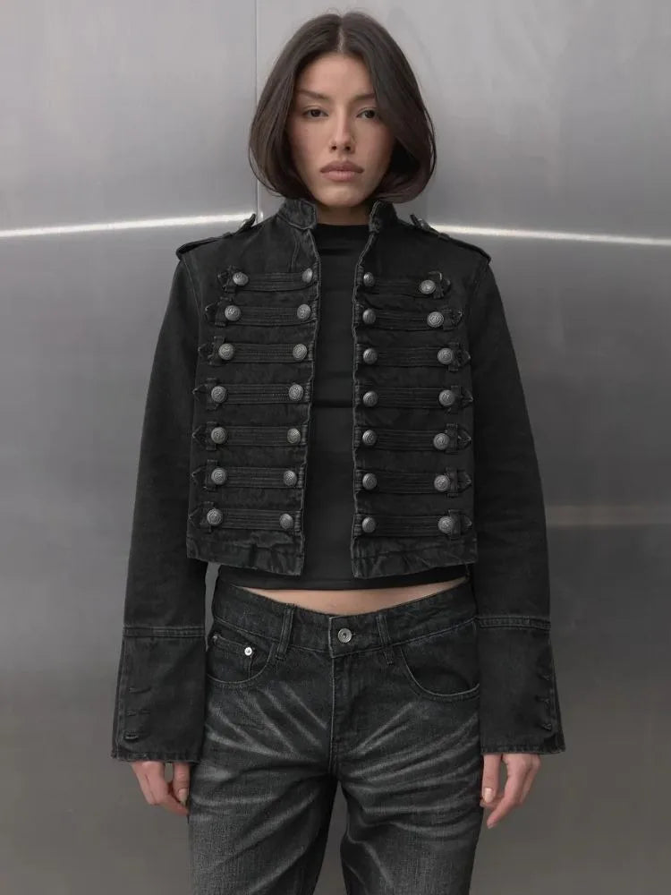 Y2K Retro Hussars Jacket Stand Collar Double Breasted Button Cropped Jacket Napoleon Old Money BLK Denim Jacket Women Boxy Coat