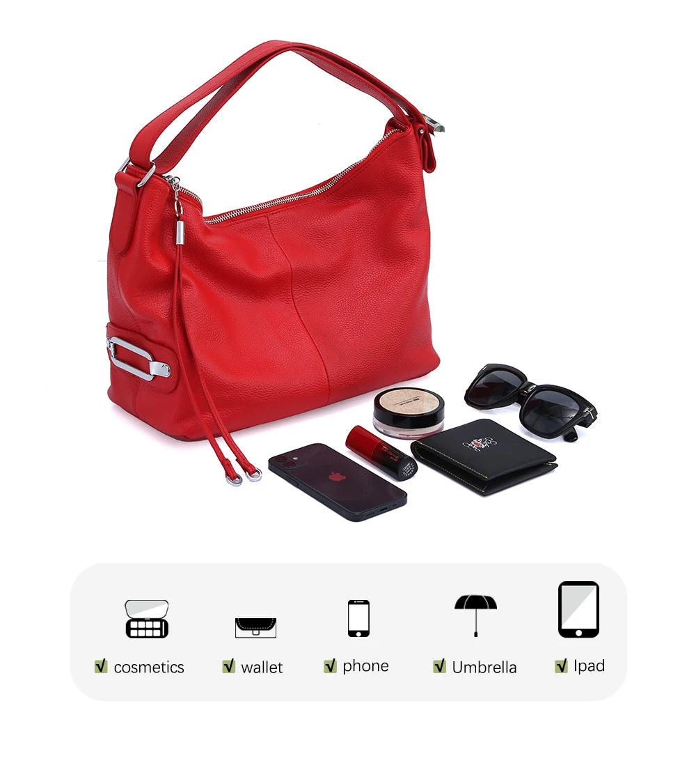 Zency 100% Genuine Leather Large Women Top Handle Shoulder Bag Tote Handbag Purse Black Leather Hobo Bag Underarm Zipper Bags