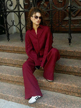 Bornladies Cotton Casual Pants Sets Women's Solid Color Cozy Lapel Long Sleeve Shirt Summer Outfit Elastic Waist Pants Suits