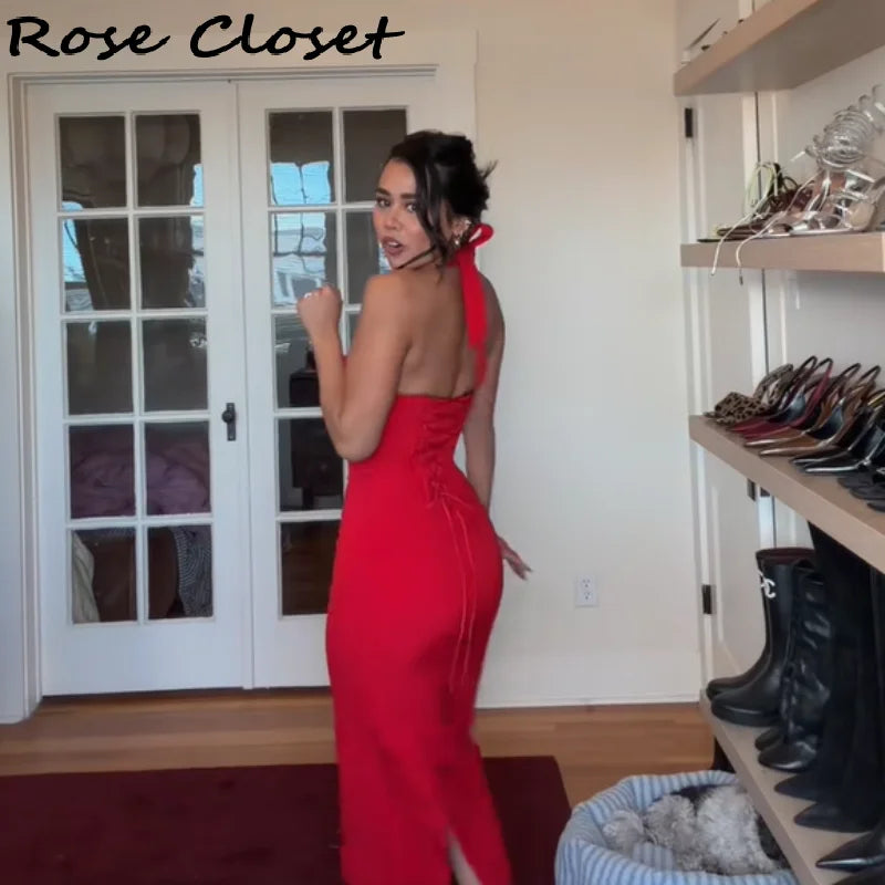 Elegant Bodycon Midi Dress – Halter Neck Evening Gown