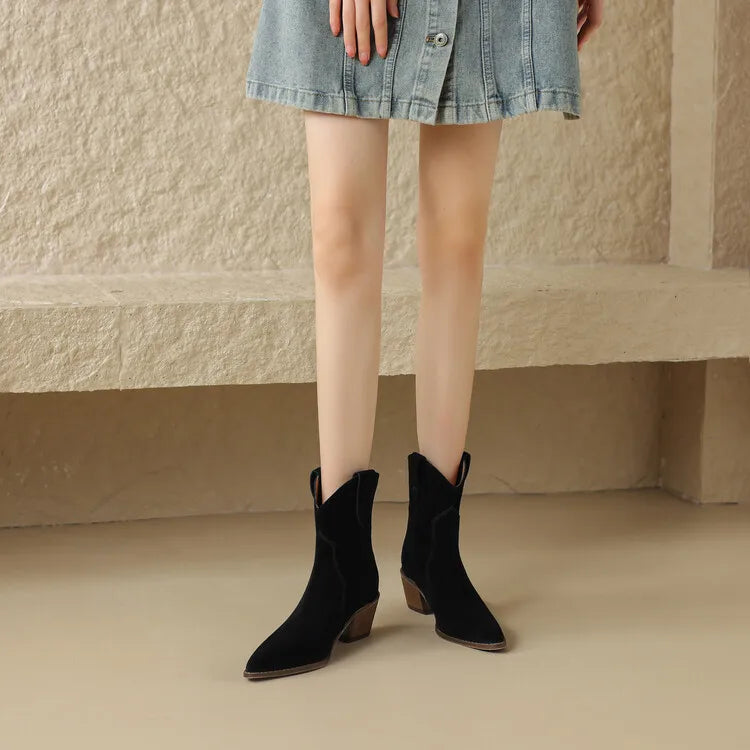 2026 Autumn Cow Suede Women Boots Pointed Toe Chunky Heel Boots for Women Fashion Short Boots Winter Boots Women Western Boots