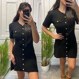 Elegant White Ribbed Knit Mini Dress | Metal Button Autumn