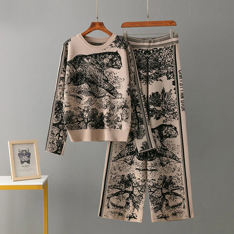 Women’s Knit Animal Print 2-Piece Set - Wide Leg Pants & Sweater