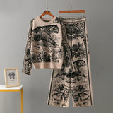 Women’s Knit Animal Print 2-Piece Set - Wide Leg Pants & Sweater