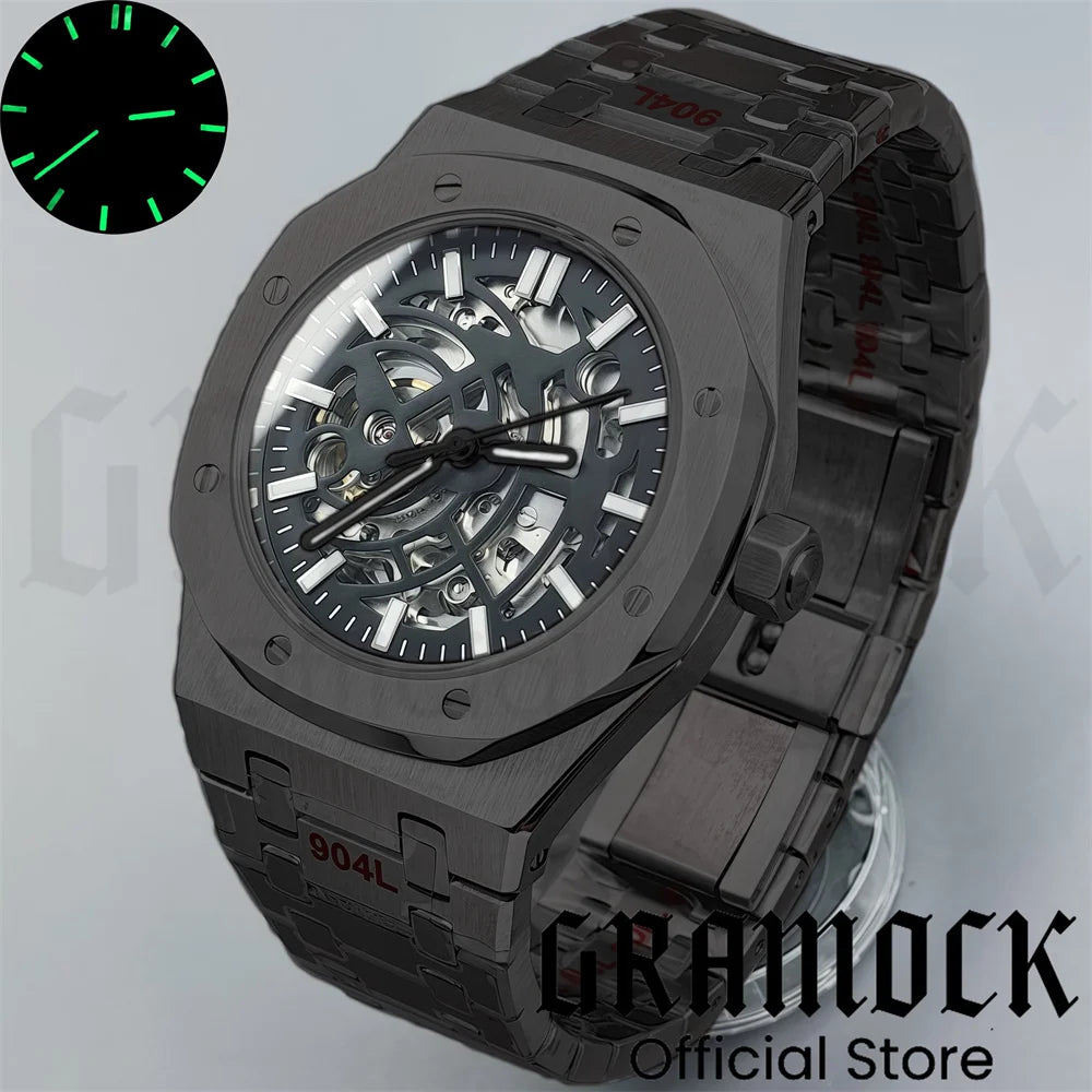 Gramock 41mm NH70 Watch Hollowed Out Dial Sapphire Crystal With Green Luminous NH70 Automatic Mechaninal Movement Waterproof