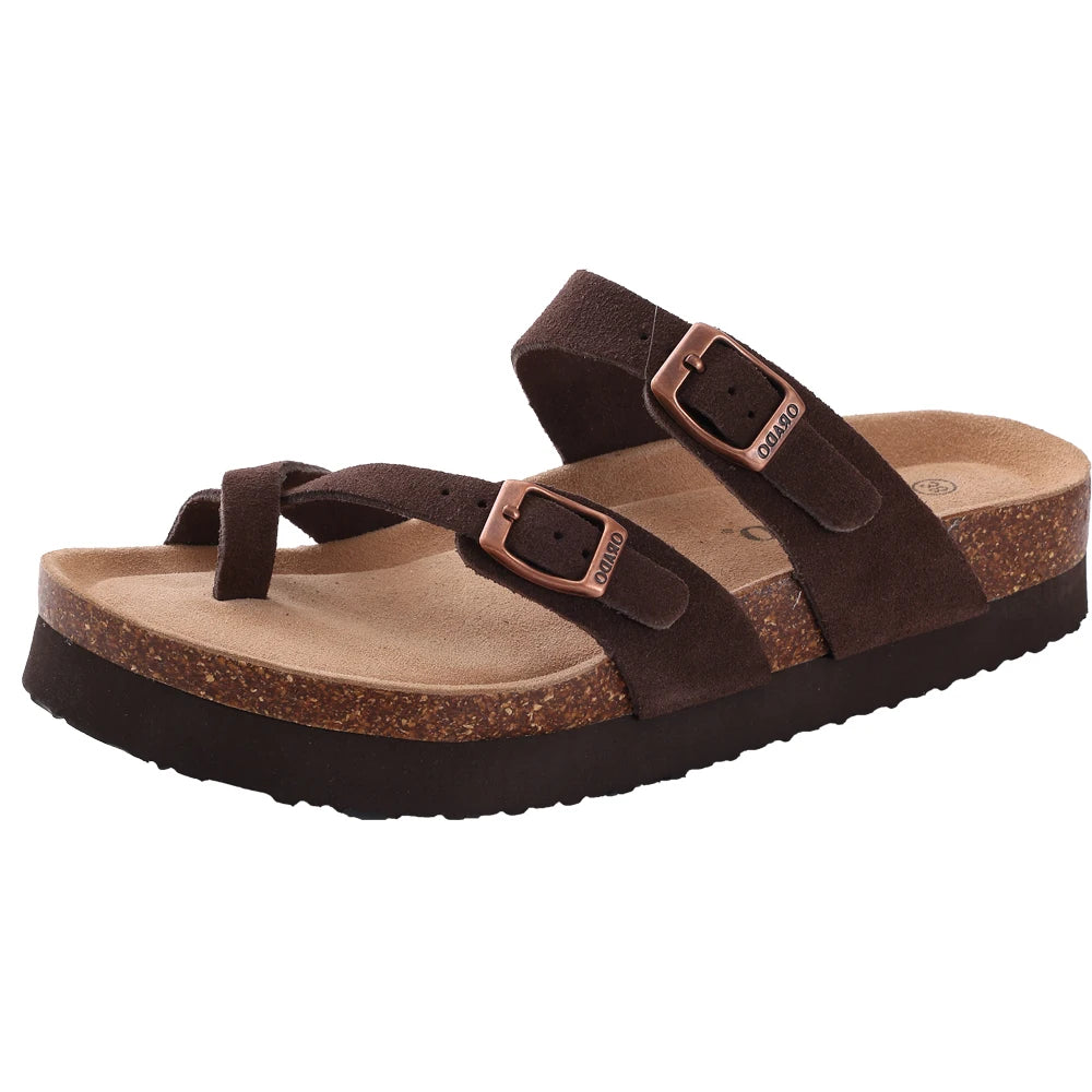 Comwarm Men's Cork Footbed Slides Sandals Arch Support Summer Outdoor Sandals with Adjustable Buckle Leisure Men Leather Slides