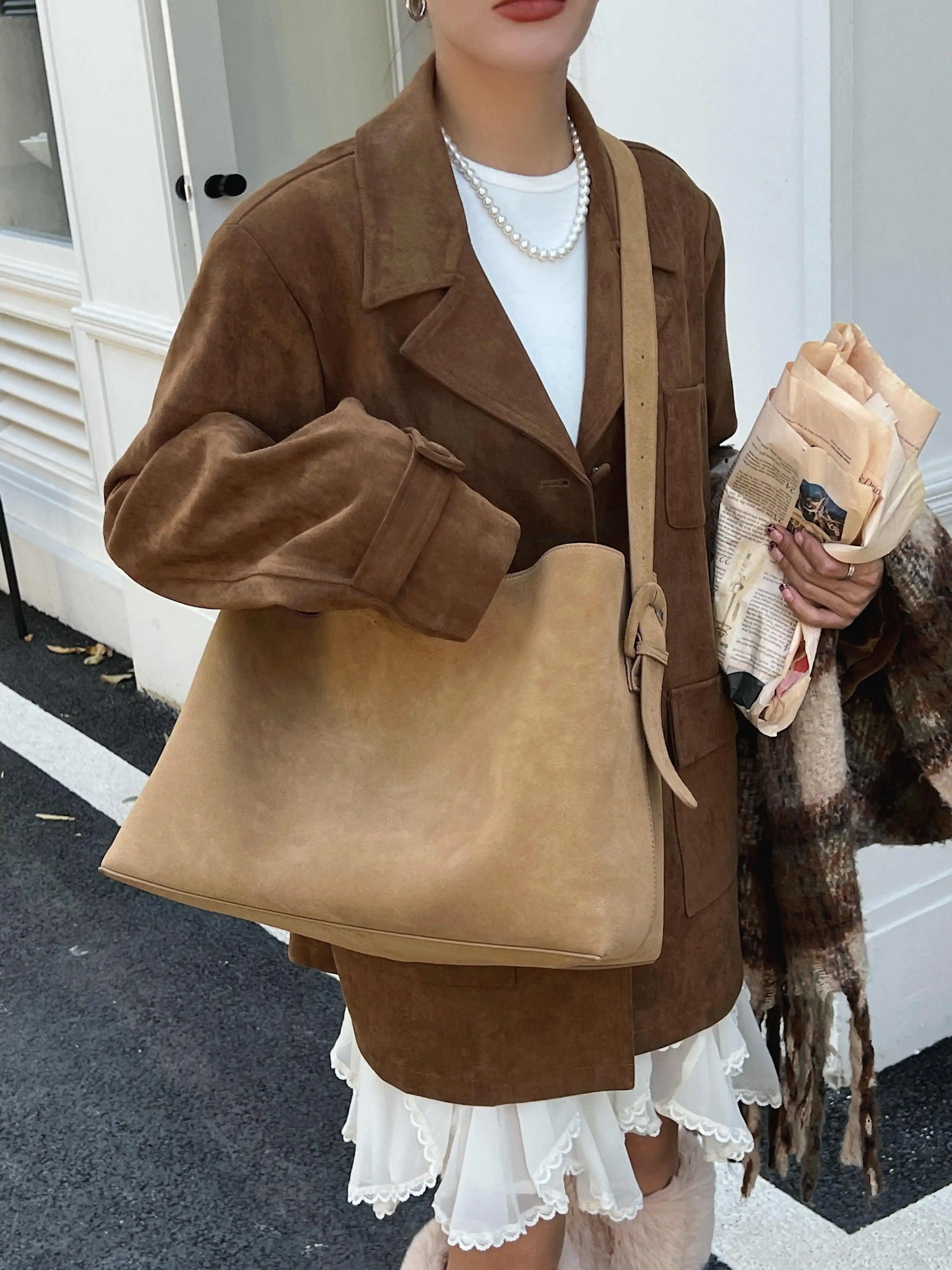 Motingsome Oversize Women Bag Luxury Suede Leather Winter Bags Frosted Cow Skin Handbag and Purses Retro Lady Tote 2024 New