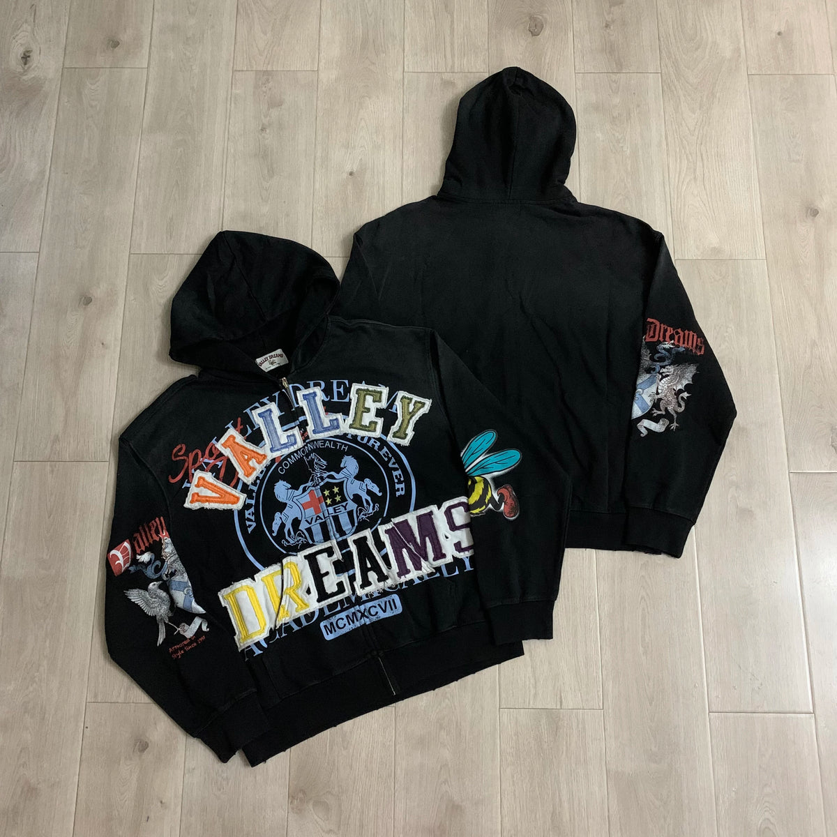 Streetwear Patchwork Letter Embroidery Zipper Terry Hooded Hoodie for Men Distressed Hole Cardigan Sweatshirt Jacket Oversized