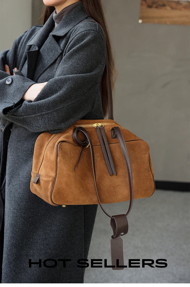 Ladies Casual Soft Suede Cowhide Handbags Women's Frosted Cow Leather Shoulder Bag Female Fashion Trend Luxury Designer Bags New