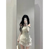 2025 Autumn Two Pieces Skirt Set Women Y2k Crop Tops T-shirt + Cake Skirts Japanese Kawaii Fashion Suits Chic Outfits Korean