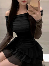 2025 Autumn Two Pieces Skirt Set Women Y2k Crop Tops T-shirt + Cake Skirts Japanese Kawaii Fashion Suits Chic Outfits Korean
