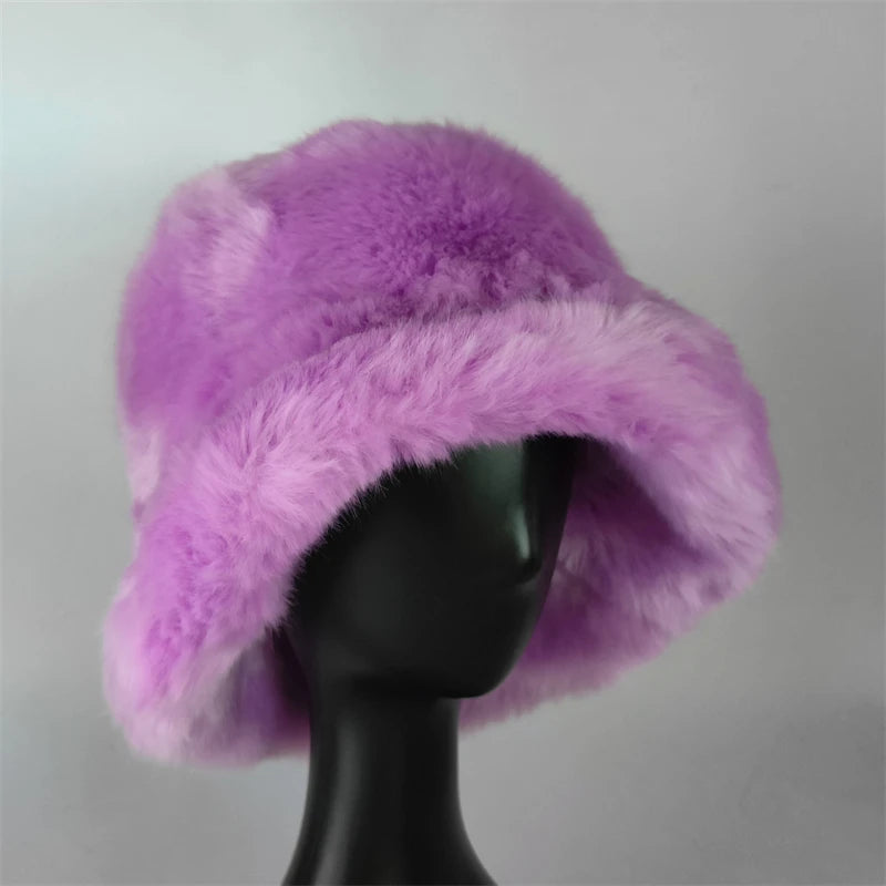1pcs Winter Faux Fur Bucket Hat Warm Fluffy Plush colorful soft Winter hat Personality fur Fisherman Hats for women Plush hat겨
